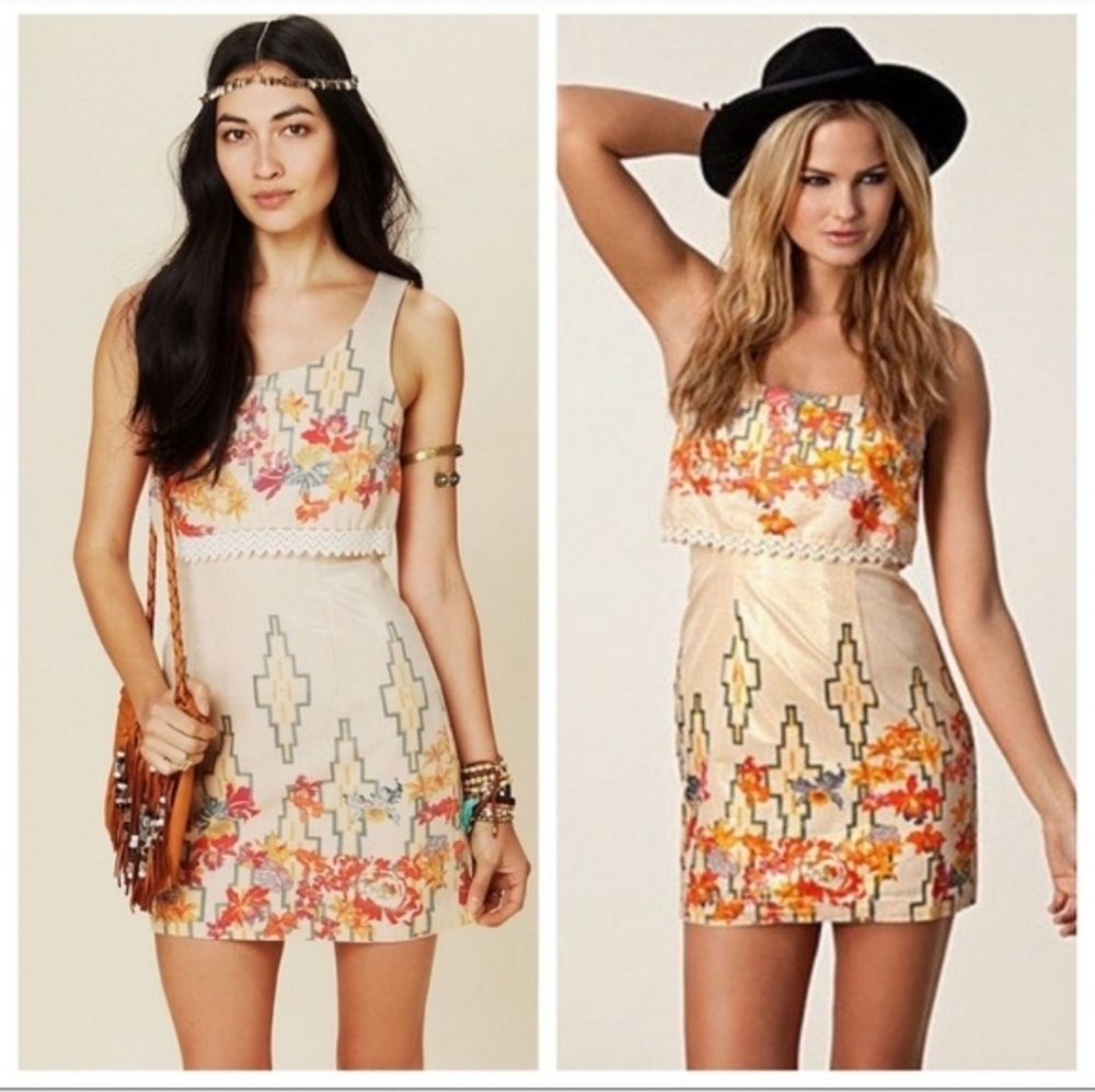 Free People Floral "The Big Bang" Metallic Aztec Mini Sleeveless Dress Size 6/Sm - Picture 2 of 16